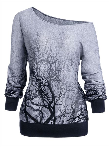 

plus size 3xl spring fall knitting gothic hoodies women long sleeve skew neck 3d tree print sweatshirt female shirt, Black
