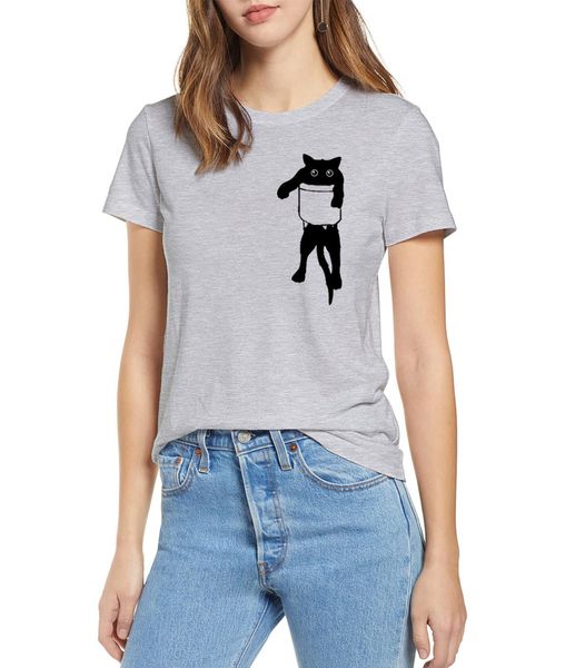 

2020 fashion summer 100% cotton loose style pocket cat printed women t shirt casual short sleeve o-neck funny mens tshirt tee