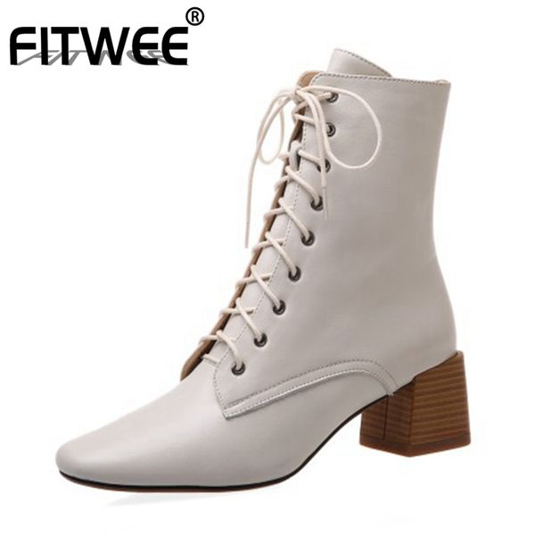 

boots fitwee women ankle real leather thick heel woman winter shoes fashion classic short footwear size 34-39, Black