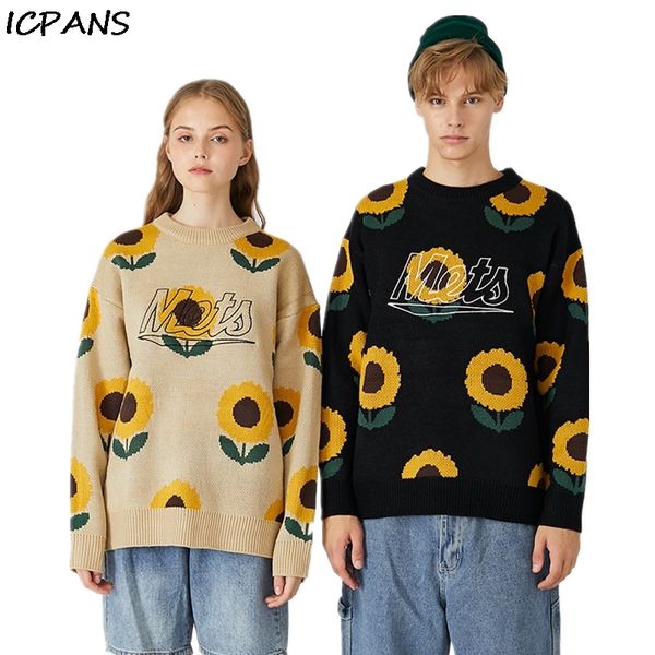 

icpans couple loose sunflower port wind sweater men women 2020 autumn spring fashion pullovers streetwear man, White;black