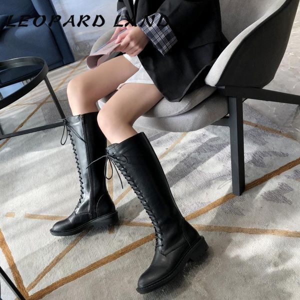 

boots leopard land women's chunky heel lace-up high boot non-slip zipper thigh knee -296-1, Black