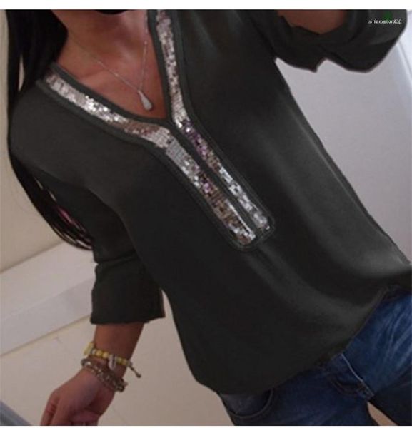 

womens womens designer panelled blouses spring sequins loose ladies tshirts long sleeve pure color v neck, White