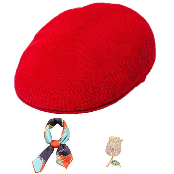 

berets doubchow women's summer breathable knitted jacquard visor beanie hat with brooch scarf maiden baret cap flat, Blue;gray