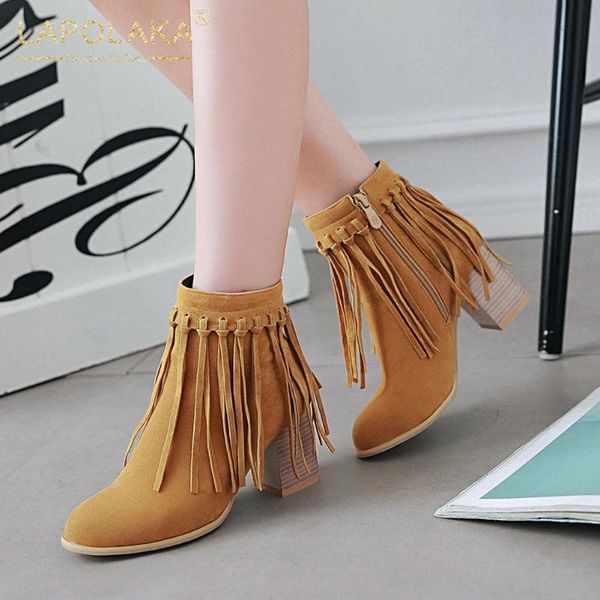 

sarairis 2020 fashion autumn winter boots women shoes semi-high heeled tassel boots chunky heels british ankle female, Black