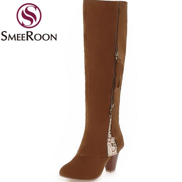 

boots smeeroon big size knee high for women warm winter fashion round toe heels simple shoes, Black