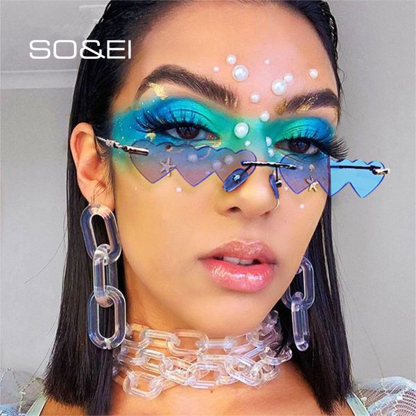 

so&ei vintage unique love heart shape rimless women sunglasses brand designer ladies clear ocean lens sun glasses oculos uv400, White;black