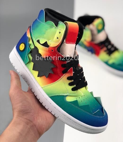 

j balvin x 1 high og basketball shoes multi-color rainbow tie dye jumpman 1s men women chausures sports trainers sneakers size5.5-10