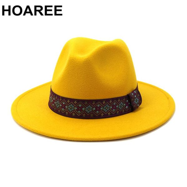 

stingy brim hats hoaree yellow wide fedora hat for women wool felt woolen trilby autumn winter panama black female jazz cap chapeau, Blue;gray