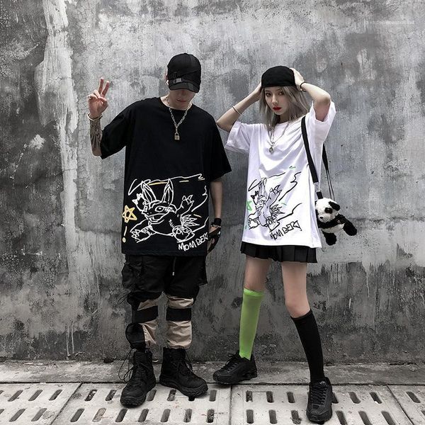 

summer loose round neck short sleeve fashion tees women men designer couple cartoon graffiti tshirt, White;black