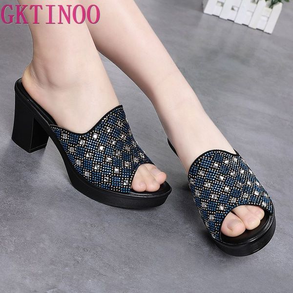 

gktinoo women slipper's 2020 ladies summer slippers shoes women 8cm high heels platform fashion rhinestone summer shoes non-slip, Black