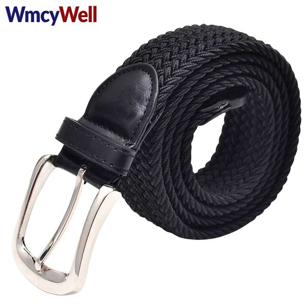 

wmcywell fashion men and women's canvas belt elastic stretch canvas belt leather metal buckle knitted braided belts, Black;brown