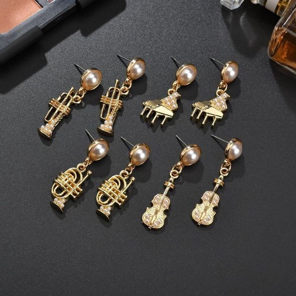 

new female creative musical instrument pendant earrings small horn piano guitar golden imitation pearl earrings fashion jewelry, Silver