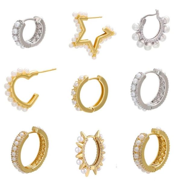 

hecheng 1pair pearl earrings wholesale cz pearl earrings for women girls cz crystal round circle hollow jewelr, Golden;silver