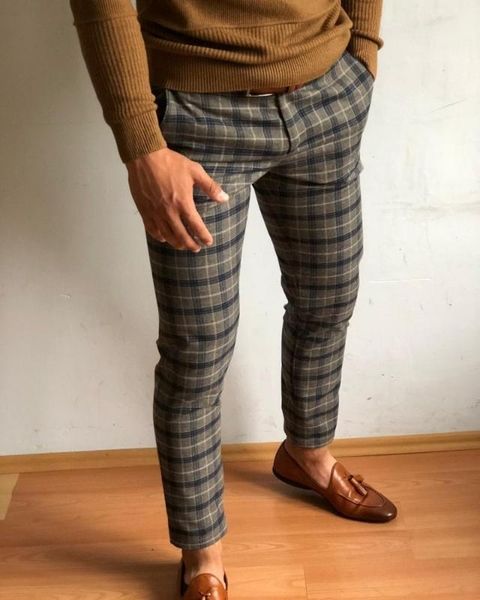 

suit pant plaid formal wedding men dress slim party casual classic pantalon trousers check suit vintage pants business trgkk, Black