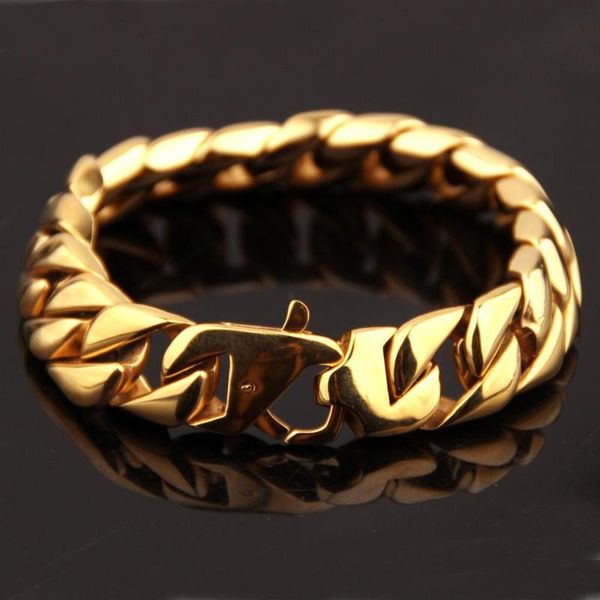 

fashion 15mm heavy mens cuban curb chain polished gold color stainless steel bracelet bangle high quality, Black