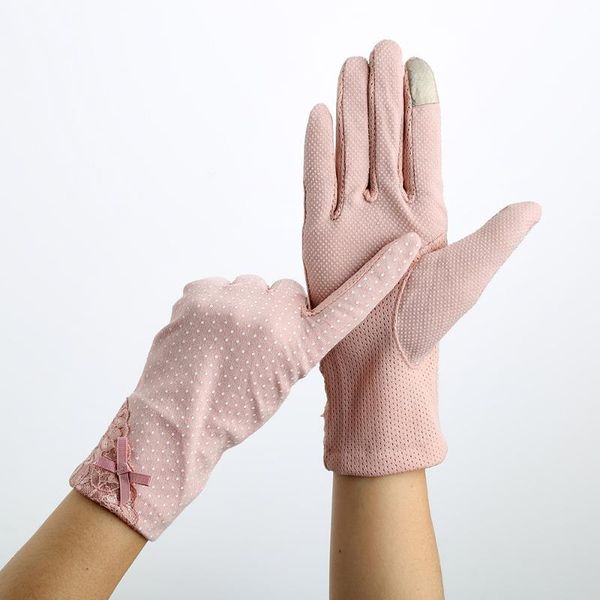 

women lace sunscreen gloves stretch touch screen anti uv slip resistant driving glove summer autumn breathable female mittens, Blue;gray