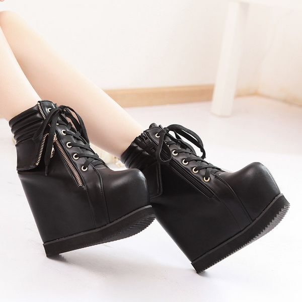 

boots wedge shoes round toe platform ankle booties women luxury designer boots-women zipper winter footwear sexy, Black