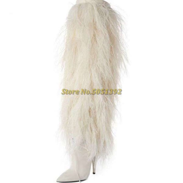 

boots feather white winter pointed toe thin high heel over the knee leather hairy runway dress long custom made, Black