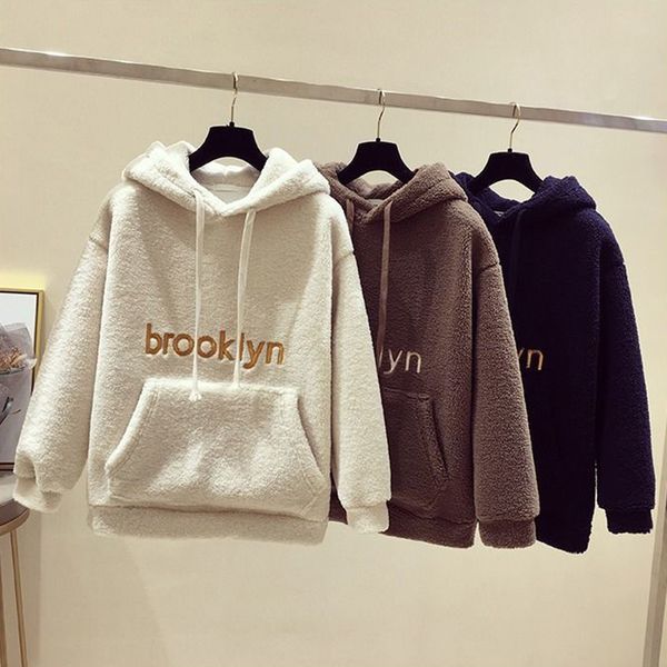 

женщины new winter толстые теплый кашемир твердая толстовка с капюшоном флис повседневного tops письмо толстовка женского, Black