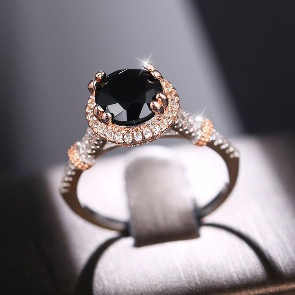 

wedding rings romantic big black cz gift prong setting zircon women ring jewelry two-tone rose gold party accessories, Slivery;golden