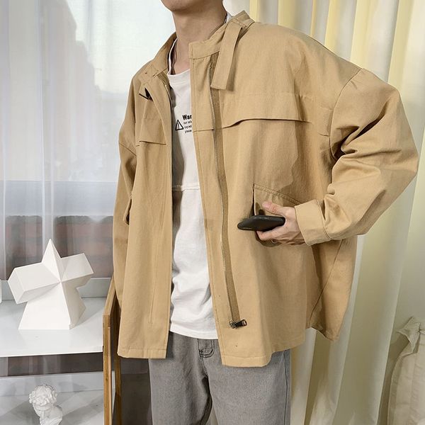 

autumn cotton casual jacket men's fashion solid color stand collar jackets mens streetwear loose hip hop bomber jacket men m-5xl, Black;brown