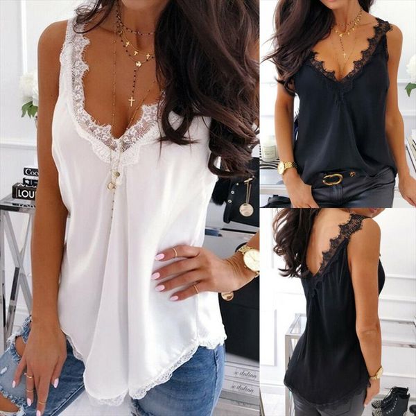 

женская лето твердая vest top рукавов кружева sexy casual свободный tank camis tops 2020 лето новый, White