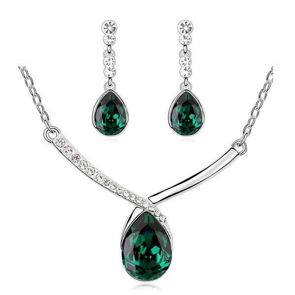 

tear drop austrian crystal women girl party wedding summer beach brand bridal pendant necklace earrings jewelry sets 80221, Silver