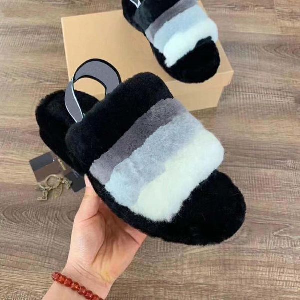

fluffy women's kids girl sandals outdoor plush fur women house slippers boot sandals with rubber soles non-slip indoor slippers for hom, Black