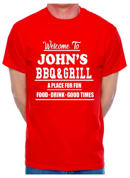 

customised mens t shirt any johns bbq grill any name word your name pub name