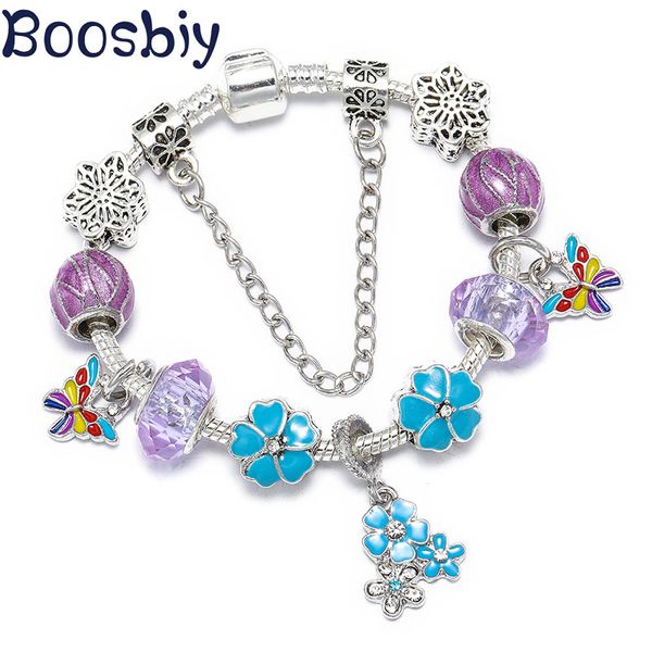 

charm bracelets boosbiy european bracelet with flower & butterfly charms pendants fits brand jewelry gift, Golden;silver