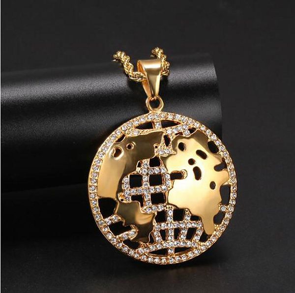 

18k gold global world map pendant 316l stainess steel pendant necklace hiphop pendant 24inch cuban chain, Silver