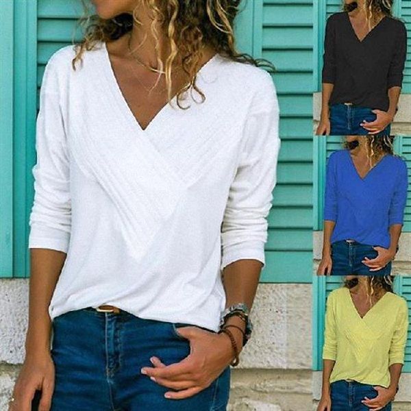 

s-5xl casual women summer t-shirt long sleeve v-neck cotton loose shirt solid color plus size women clothes summer, White