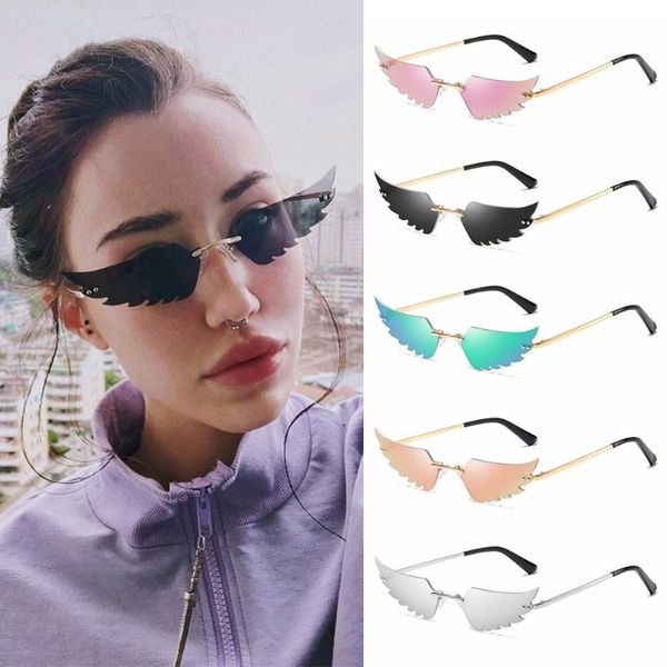 

sunglasses women retro rimless angel wing true film sun glasses uv400 narrow eyewear luxury trending streetwear 2021 fashion, White;black