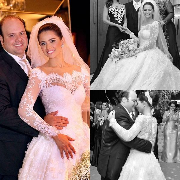 

vestidos de noiva 2020 beautiful a-line lace long sleeve wedding dresses bridal gowns dress aq161, White