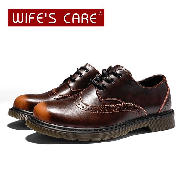 

british style genuine leather men shoes retro brogues leather oxford shoes for men casual dress, Black