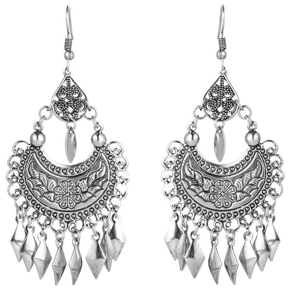 

jewelry ethnic silver color metal tassel pendant earrings for women bohemian moon shaped flower water drop earring