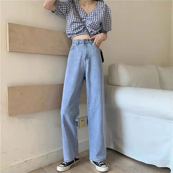 

women's jeans woman 2021 fashion straight pants vintage high waist clothes blue streetwear wide leg denim quality