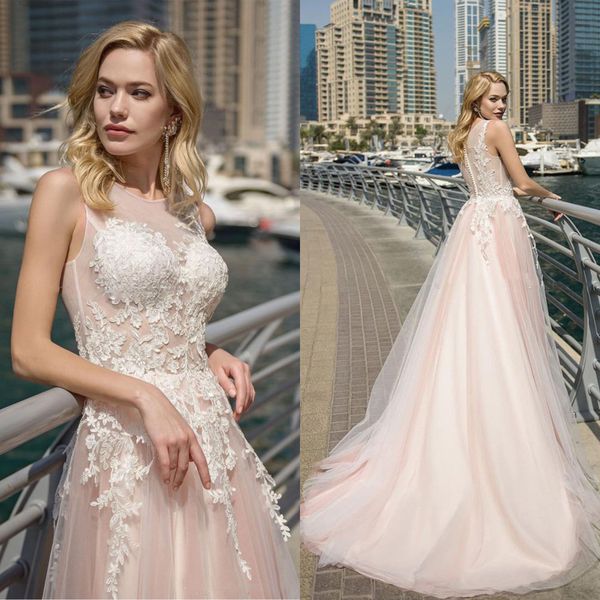 

2020 beautiful illusion o-neck wedding dresses appliques see through design zipper back bridal gowns tulle dresses custom made, Blue;red