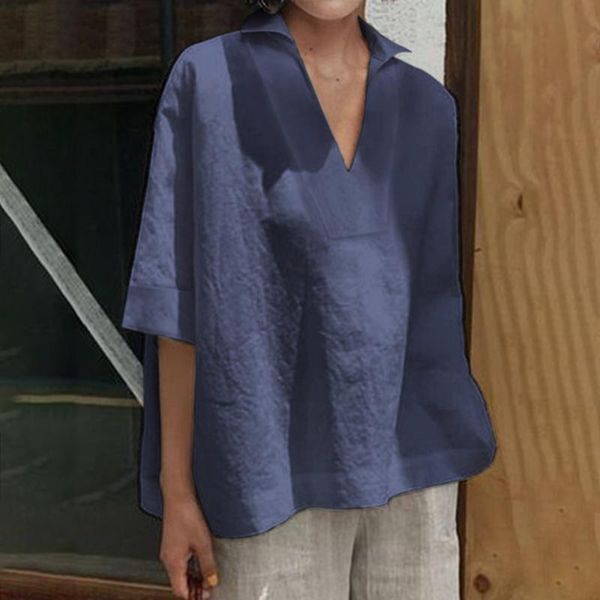 

women and blouse baggy tunic ladies girls half sleeve v-neck solid color loose shirts summer vacation breathable big size, White