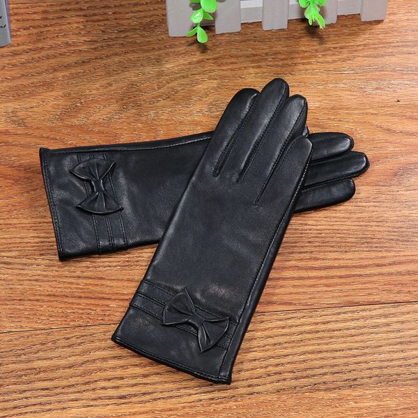 

genuine leather gloves female classic black sheepskin gloves butterfly knot keep warm woman' driving dq6102, Blue;gray