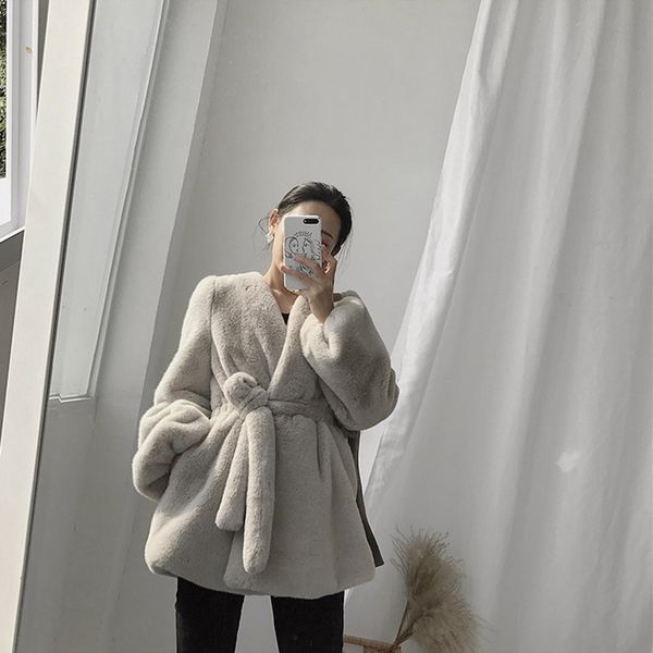 

women's fur & faux the autumn/winter 2021 korean version of long imitation coat belted waist loose woman, Black
