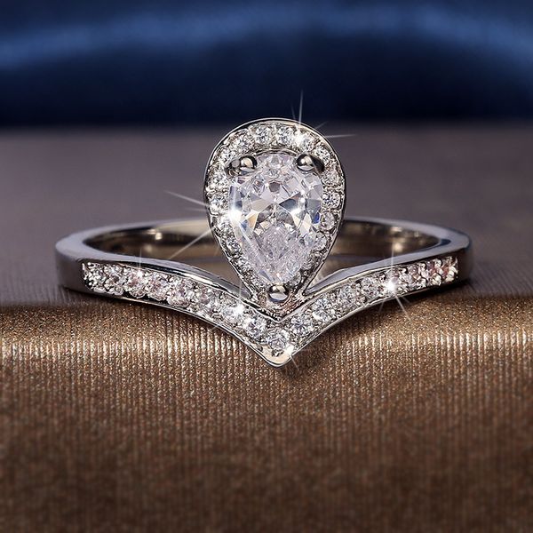 

exquisite silver plated women's ring water drop shape white zircon bridal ring wedding jewelry anniversary gift fashion, Slivery;golden