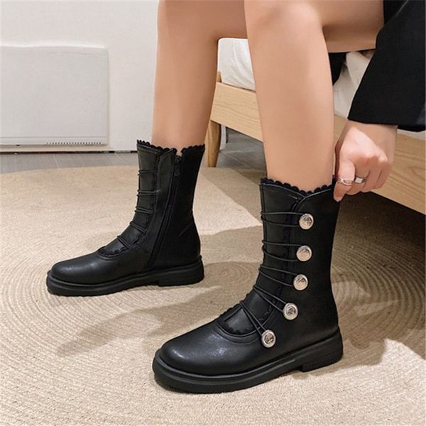 

pxelena plus size 34-45 designer button low heels ankle boots women 2020 autumn winter motorcycle shoes black beige