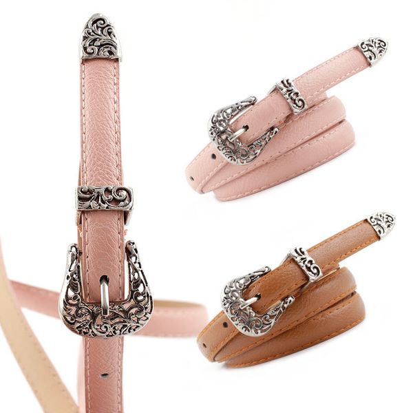

2020 stylish women retro hollowing out pin buckle belts luxury thin leather waist belt for jeans dress, Black;brown