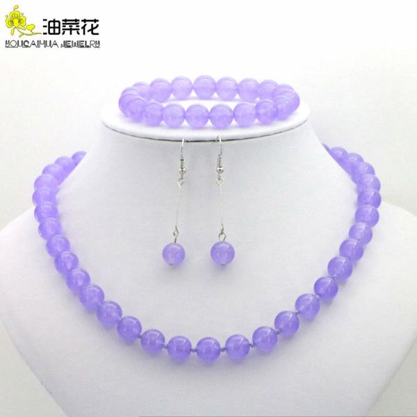 

new fashion 10mm natural lavender jades chalcedony round beads necklace bracelet earrings hand made jewelry sets grade, Silver