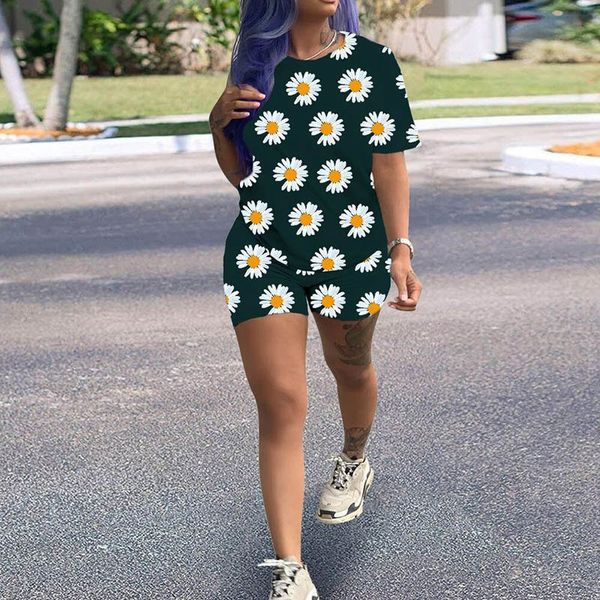 

o-neck daisy print women's tracksuit set short sleeve t-shirts female suit 2020 daisy shorts ladies suit 2 pieces sets, Gray