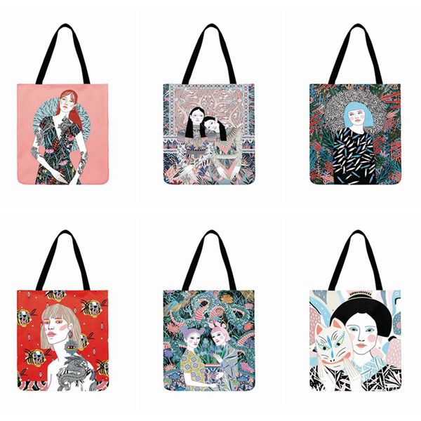 

twins tattoo girl painting print tote bag for women casual tote ladies shoulder bag foldable shopping outdoor beach