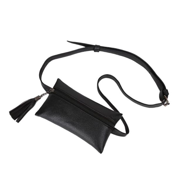 

women leather waist bags mini portable phone bag female belt bag purse tassel chest handbags black