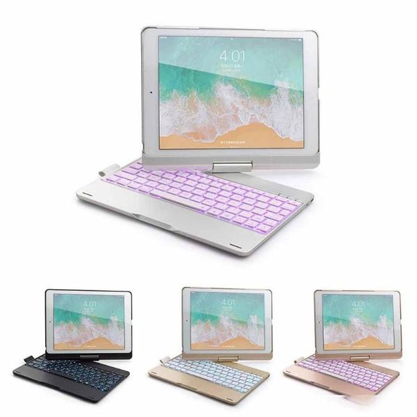 

wireless bluetooth keyboard case with 7 colors led backlit 360 degrees rotatable cover for 2017 2018 new ipad pro 9.7 air universal