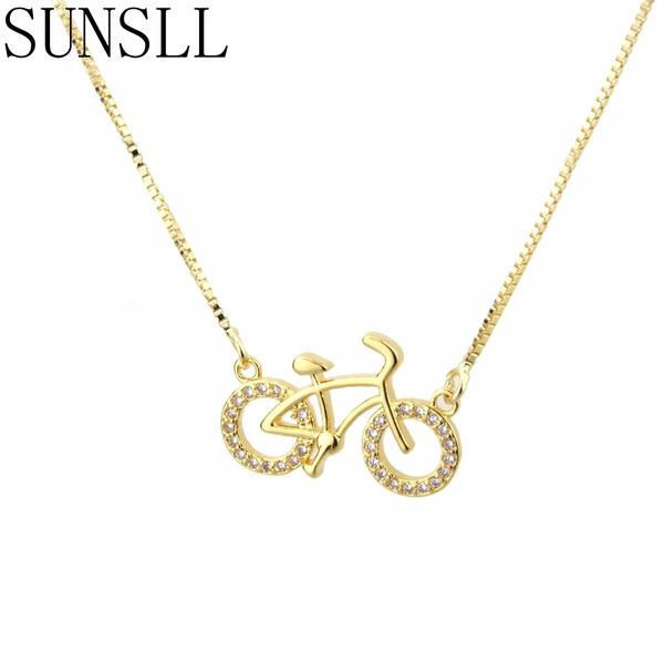 

sunsll new fashion designed gold/silver color copper white cubic zirconia bicycle pendant necklace jewelry for women/children